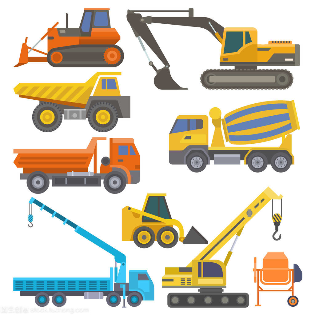 建筑設(shè)備與機(jī)械 卡車(chē)、起重機(jī)、推土機(jī)、運(yùn)輸車(chē)輛及其矢量圖應(yīng)用